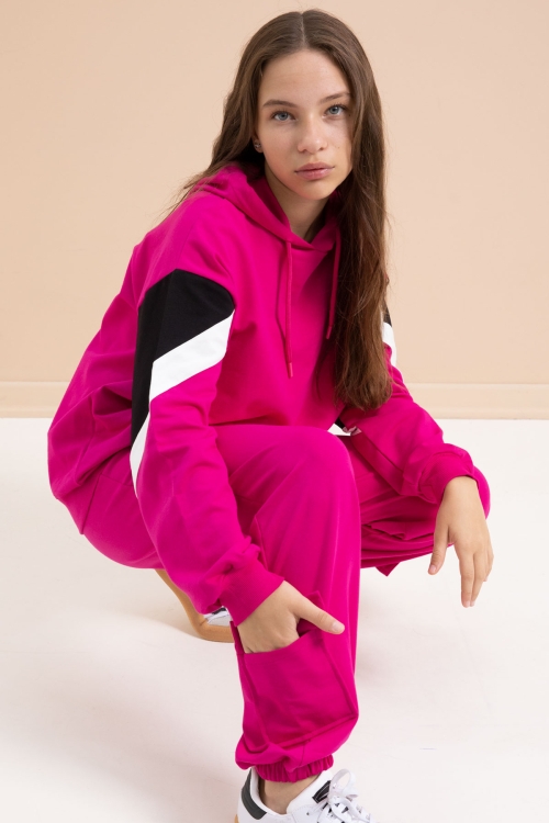 Fuşya Kargo Cepli Kız Çocuk Logolu İkili Takım 21299