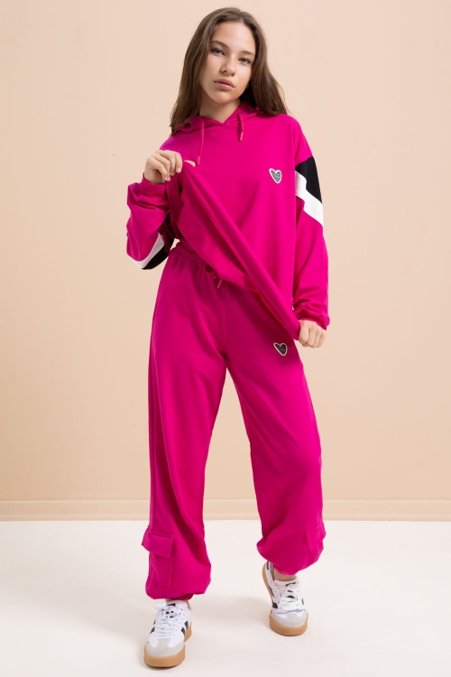 Fuşya Kargo Cepli Kız Çocuk Logolu İkili Takım 21299