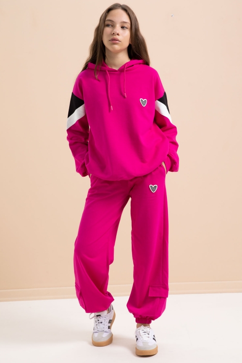 Fuşya Kargo Cepli Kız Çocuk Logolu İkili Takım 21299