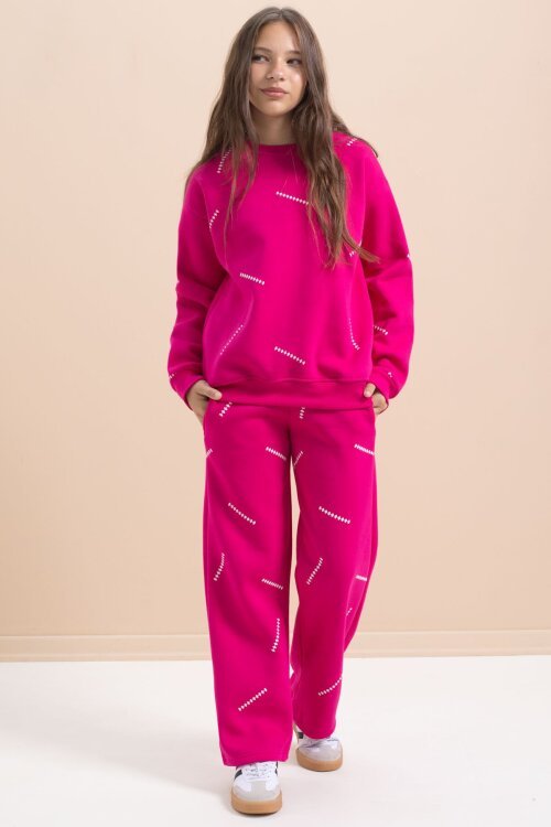 Fuşya Kız Çocuk Desenli 3 İplik Şardonlu Geniş Paça Eşofman Takımı 22646