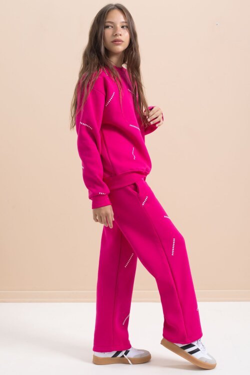 Fuşya Kız Çocuk Desenli 3 İplik Şardonlu Geniş Paça Eşofman Takımı 22646