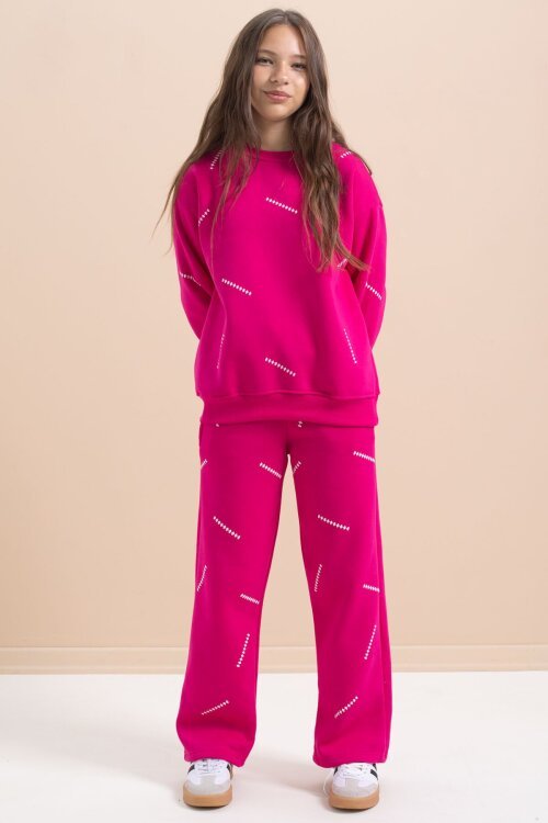 Fuşya Kız Çocuk Desenli 3 İplik Şardonlu Geniş Paça Eşofman Takımı 22646