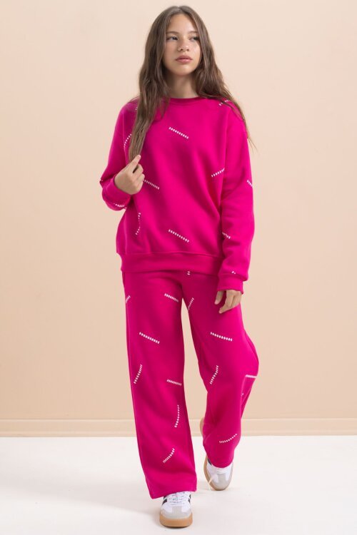 Fuşya Kız Çocuk Desenli 3 İplik Şardonlu Geniş Paça Eşofman Takımı 22646