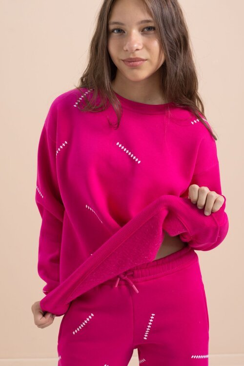 Fuşya Kız Çocuk Desenli 3 İplik Şardonlu Geniş Paça Eşofman Takımı 22646