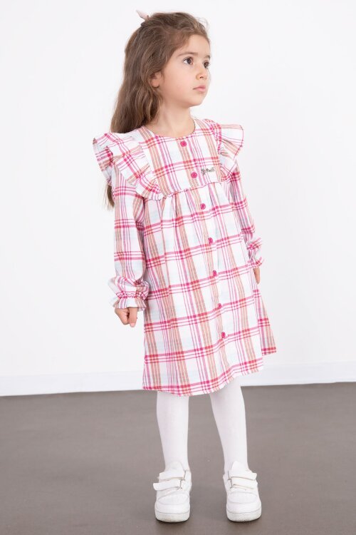 Fuşya Kız Çocuk Peluş Yelekli Ekose Desenli Elbise 22698