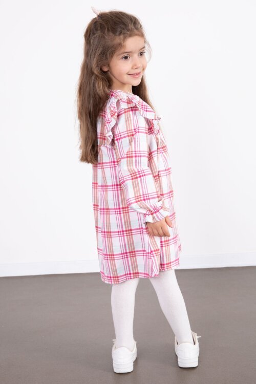 Fuşya Kız Çocuk Peluş Yelekli Ekose Desenli Elbise 22698