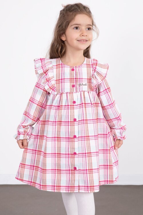 Fuşya Kız Çocuk Peluş Yelekli Ekose Desenli Elbise 22698