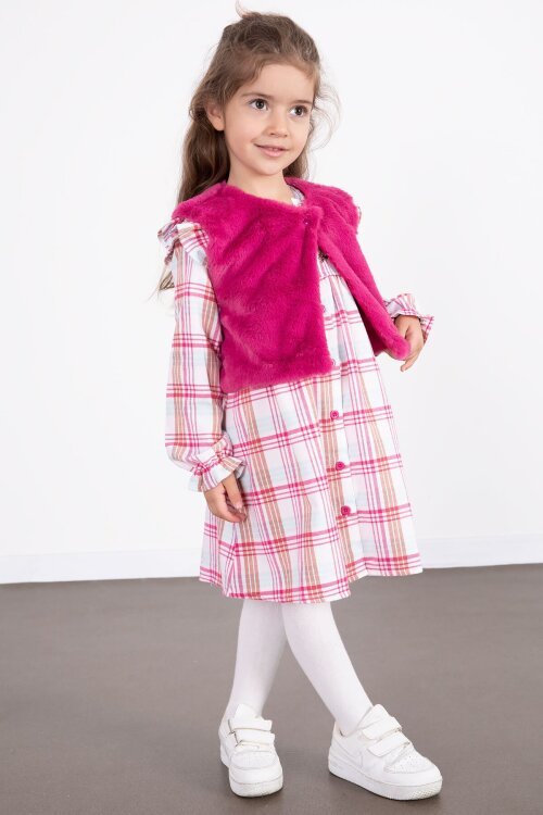 Fuşya Kız Çocuk Peluş Yelekli Ekose Desenli Elbise 22698