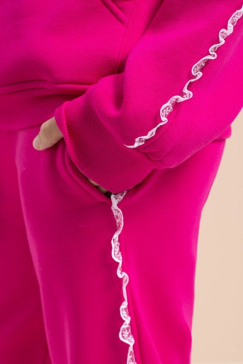 Fuşya Kız Çocuk Şardonlu Dantel Detaylı 3 İplik Takım 21507