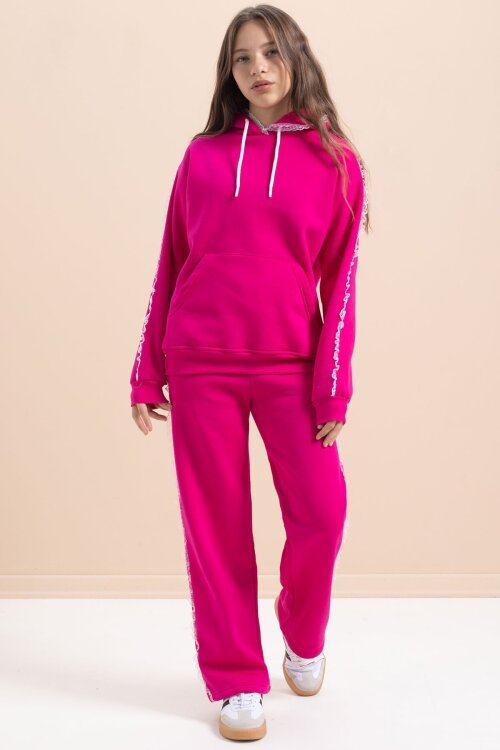 Fuşya Kız Çocuk Şardonlu Dantel Detaylı 3 İplik Takım 21507