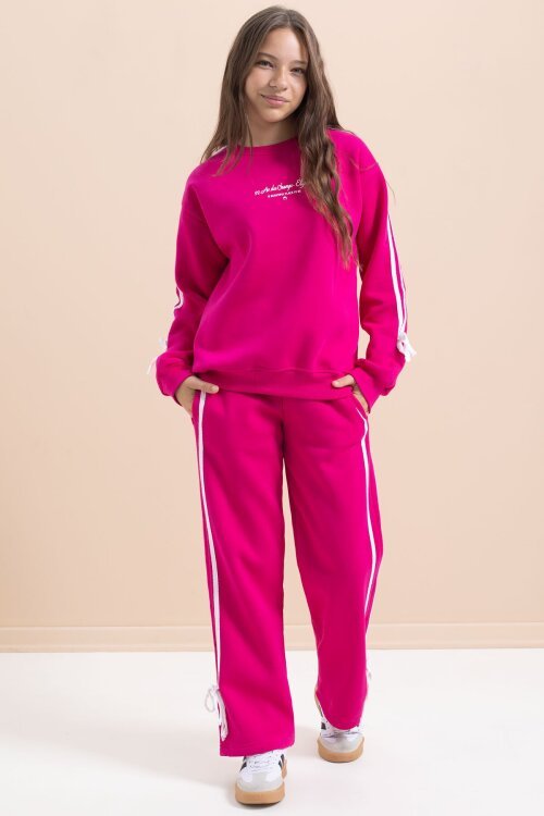 Fuşya Kız Çocuk Şerit Detaylı 3 İplik Şardonlu Takım 21517