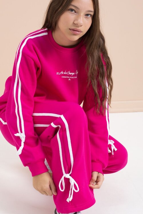 Fuşya Kız Çocuk Şerit Detaylı 3 İplik Şardonlu Takım 21517