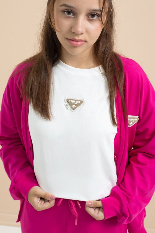 Fuşya Logo Detaylı Düğmeli Hırkalı kız Çocuk Yırtmaçlı 3lü Atl-Üst Takım 21378