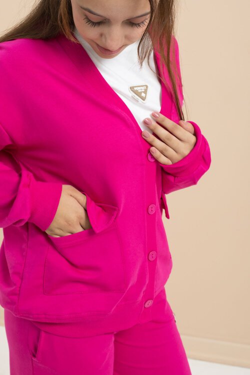 Fuşya Logo Detaylı Düğmeli Hırkalı kız Çocuk Yırtmaçlı 3lü Atl-Üst Takım 21378