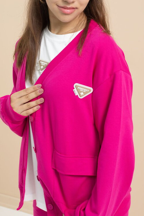 Fuşya Logo Detaylı Düğmeli Hırkalı kız Çocuk Yırtmaçlı 3lü Atl-Üst Takım 21378