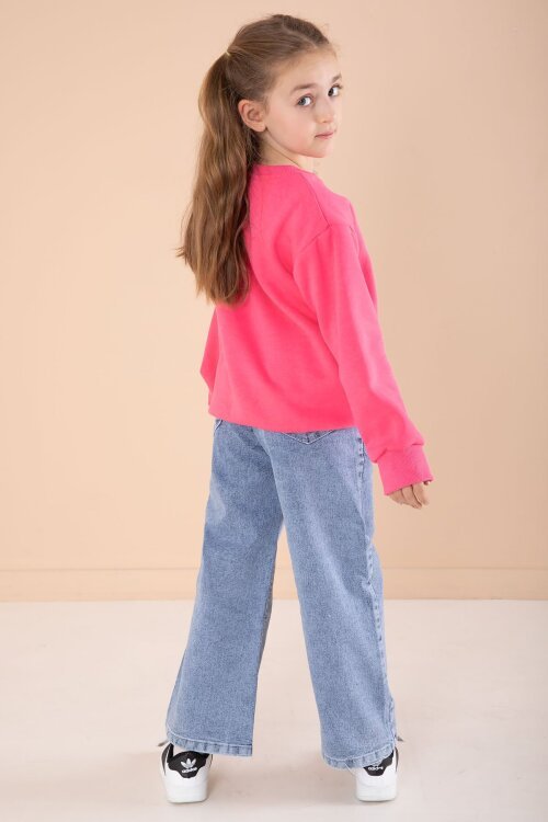 Fuşya Love Karakter Baskılı Şardonlu Badili Kız Çocuk Pantolonlu 2li Takım 22747