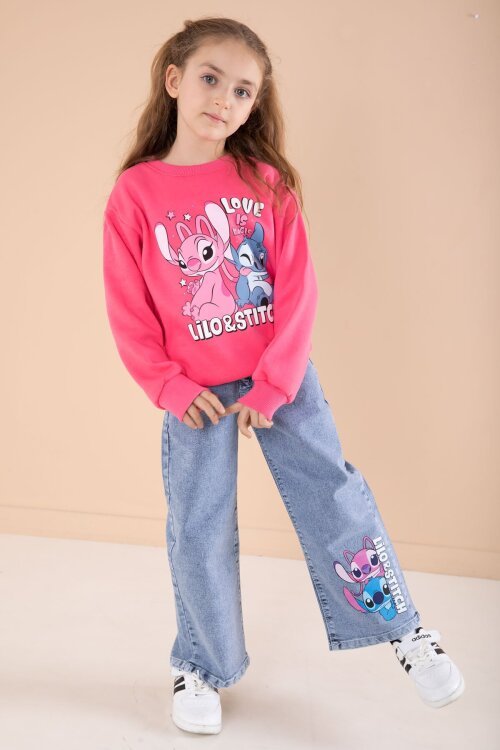 Fuşya Love Karakter Baskılı Şardonlu Badili Kız Çocuk Pantolonlu 2li Takım 22747