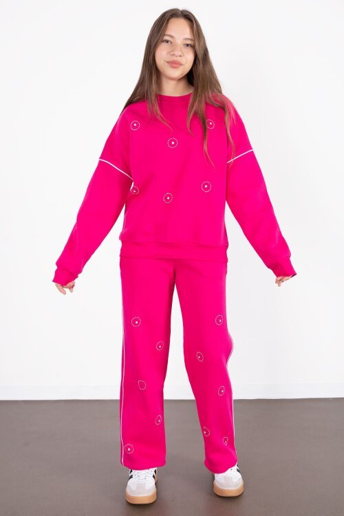 Fuşya Payet İşlemeli Şardonlu Kız Çocuk 2li Eşofman Takımı 21426