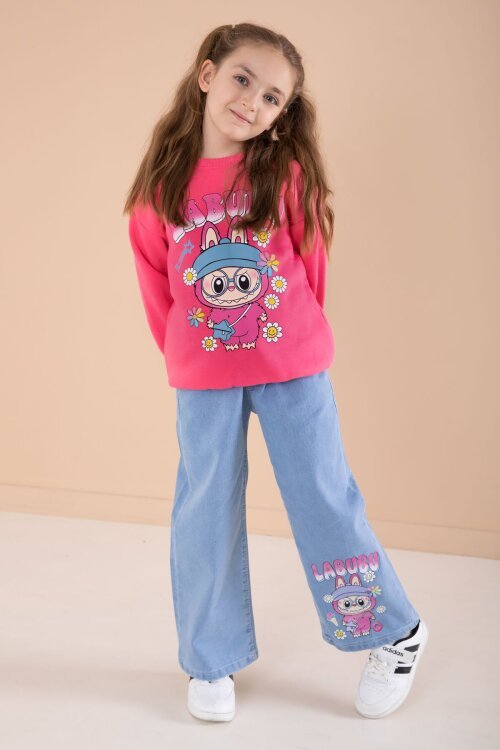 Fuşya Sevimli Karakter Baskılı Jean Pantolonlu Kız Çocuk 2li Takım  22751