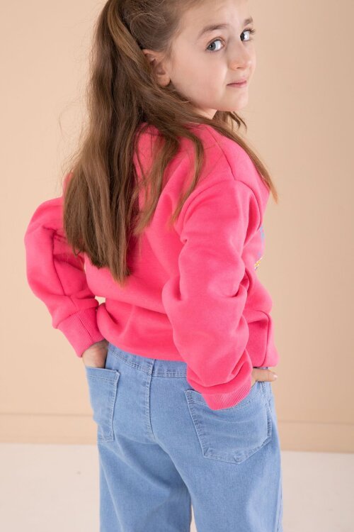 Fuşya Sevimli Karakter Baskılı Jean Pantolonlu Kız Çocuk 2li Takım  22751