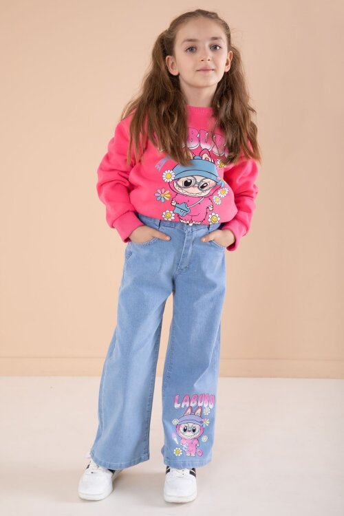 Fuşya Sevimli Karakter Baskılı Jean Pantolonlu Kız Çocuk 2li Takım  22751