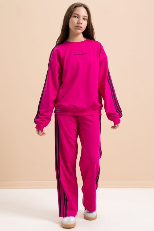 Fuşya Yanları Şeritli Geniş Paça Kız Eşofman Takımı 21300