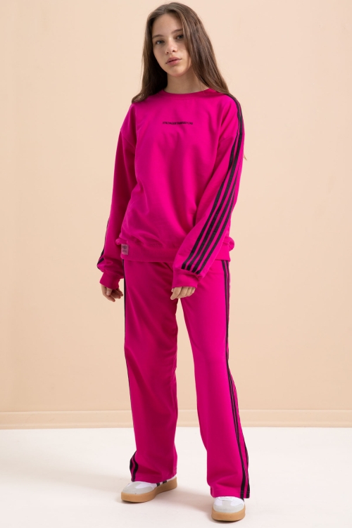 Fuşya Yanları Şeritli Geniş Paça Kız Eşofman Takımı 21300