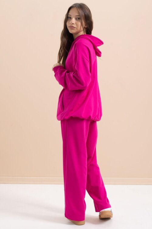 Fuşya Yazı Baskılı Kapüşonlu Geniş Paça Kız Çocuk Eşofman Takımı 21432
