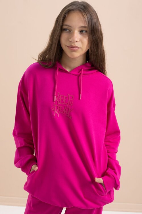 Fuşya Yazı Baskılı Kapüşonlu Geniş Paça Kız Çocuk Eşofman Takımı 21432