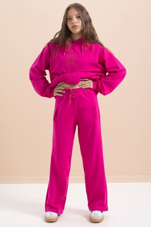 Fuşya Yazı Baskılı Kapüşonlu Geniş Paça Kız Çocuk Eşofman Takımı 21432