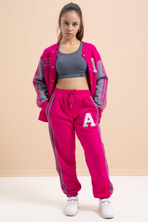 Fuşya Yazılı Kolej Ceketli Kız Çocuk Şeritli 3 İplik Şardonlu Eşofman Takımı 21297