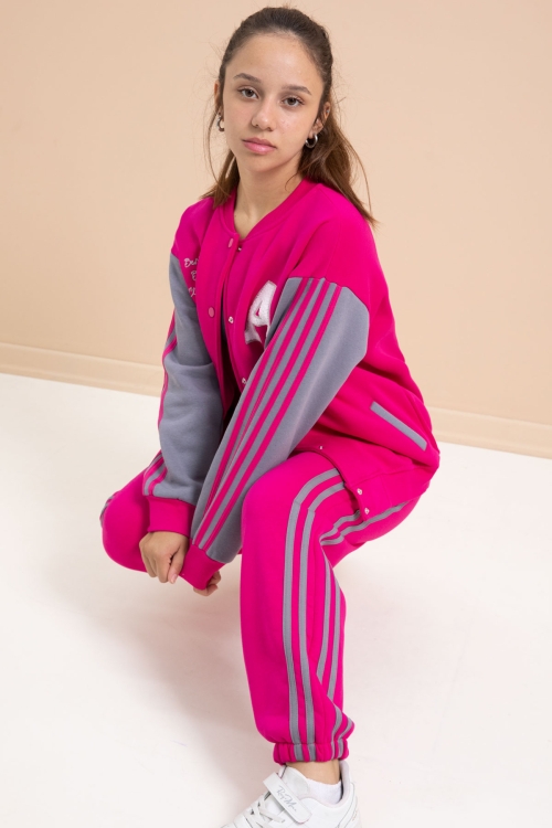 Fuşya Yazılı Kolej Ceketli Kız Çocuk Şeritli 3 İplik Şardonlu Eşofman Takımı 21297