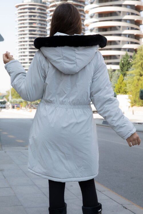 Gri Cep Detaylı İçi Kürklü Çıkarılabilir Kapüşonlu Kız Çocuk Şişme Mont 21339
