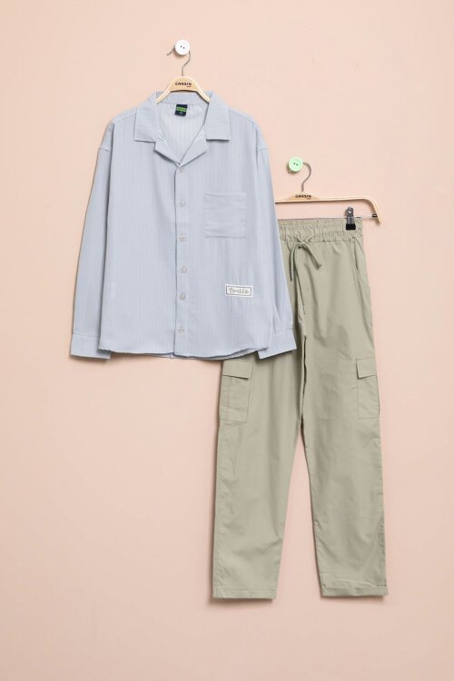 Gri Çizgili Gömlekli Paraşüt Pantolonlu Erkek Çocuk 2li Takım 23263