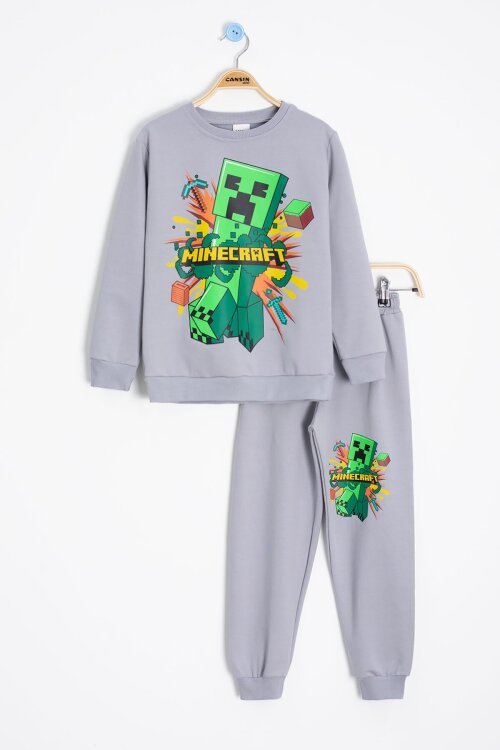 Gri Erkek Çocuk Karakter Baskılı Bisiklet Yaka Eşofman Takımı 23266