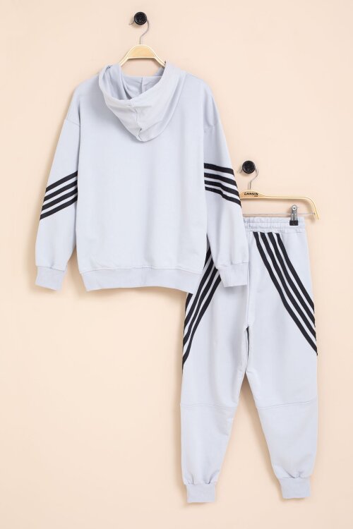 Gri Erkek Çocuk Keep Going Yazılı Şeritli Erkek Çocuk Kapüşonlu Eşofman Takımı 23418