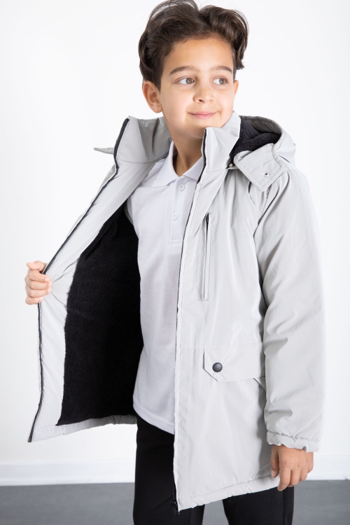 Gri Fermuarlı Göğüs Cepli İçi Kürklü Erkek Çocuk Kapüşonlu Mont 21355