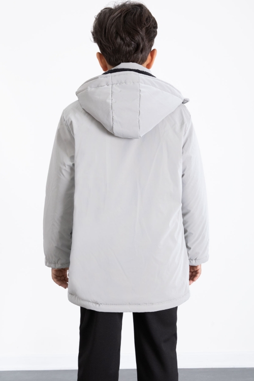 Gri Fermuarlı Göğüs Cepli İçi Kürklü Erkek Çocuk Kapüşonlu Mont 21355