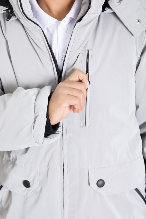 Gri Fermuarlı Göğüs Cepli İçi Kürklü Erkek Çocuk Kapüşonlu Mont 21355