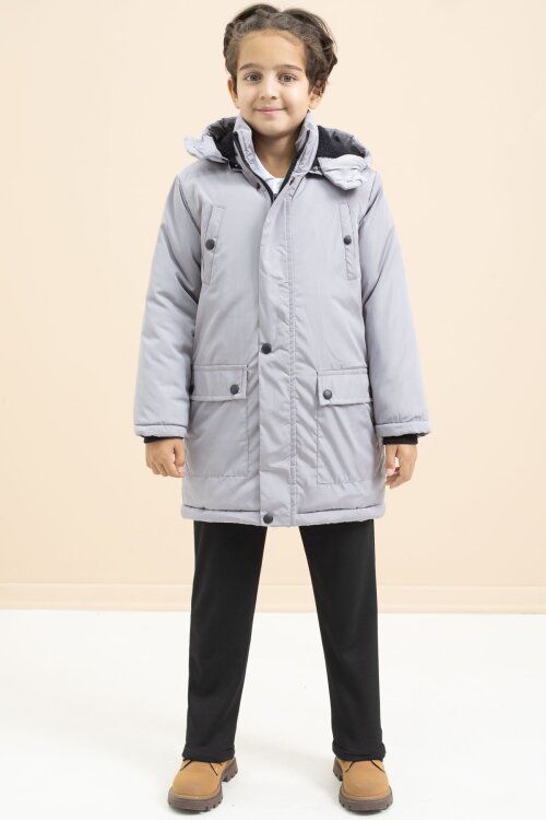 Gri İçi Kürklü Çıtçıtlı Cepli Uzun Kesim Erkek Çocuk Kapüşonlu Şişme Mont 21448