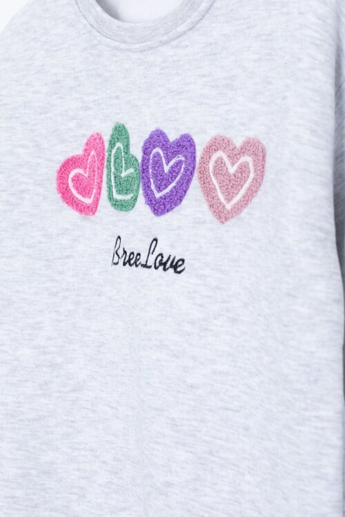 Gri Kalp Nakışlı Bisiklet Yaka Kız Çocuk Şardonlu Sweatshirt 23252