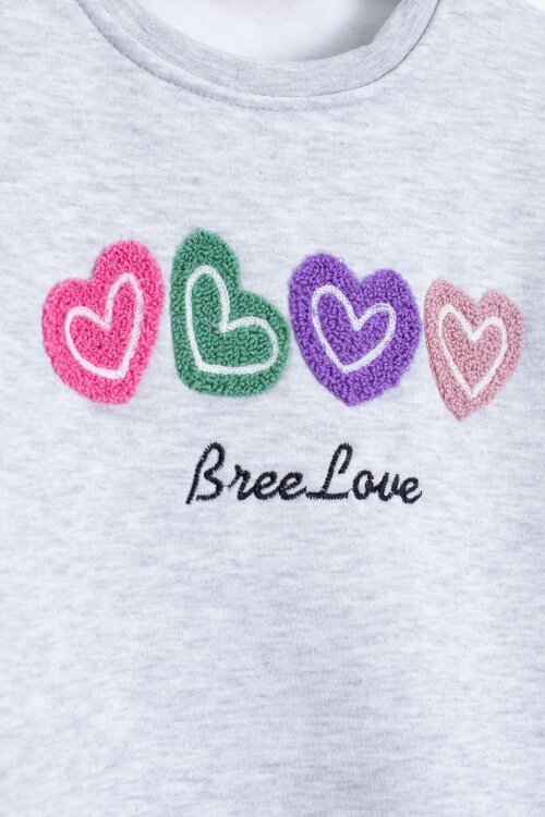 Gri Kalp Nakışlı Bisiklet Yaka Kız Çocuk Şardonlu Sweatshirt 23252