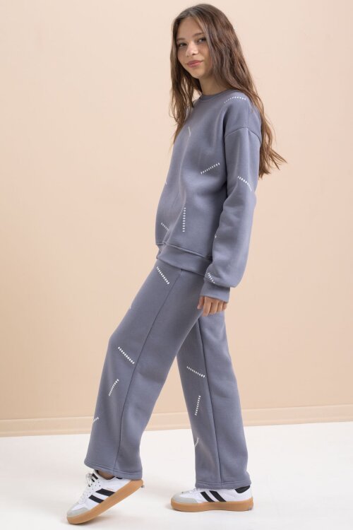 Gri Kız Çocuk Desenli 3 İplik Şardonlu Geniş Paça Eşofman Takımı 22648