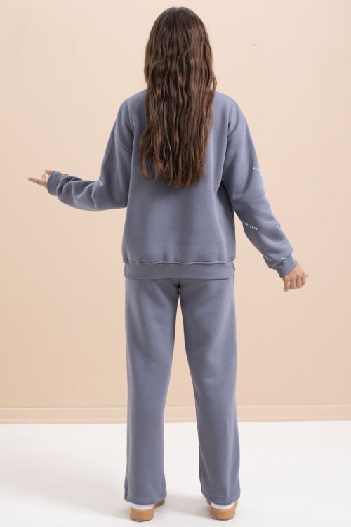 Gri Kız Çocuk Desenli 3 İplik Şardonlu Geniş Paça Eşofman Takımı 22648