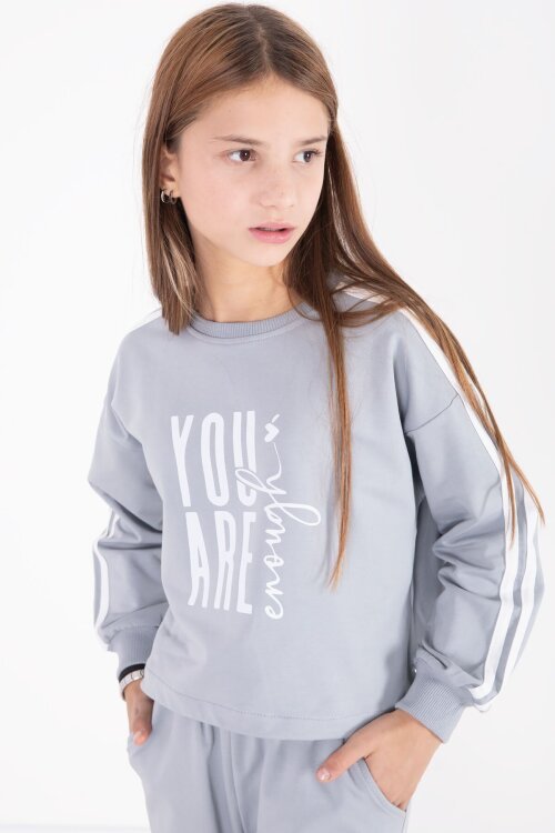 Gri Yazı Baskılı Kargo Cep Detaylı Kız Çocuk Takım 22777