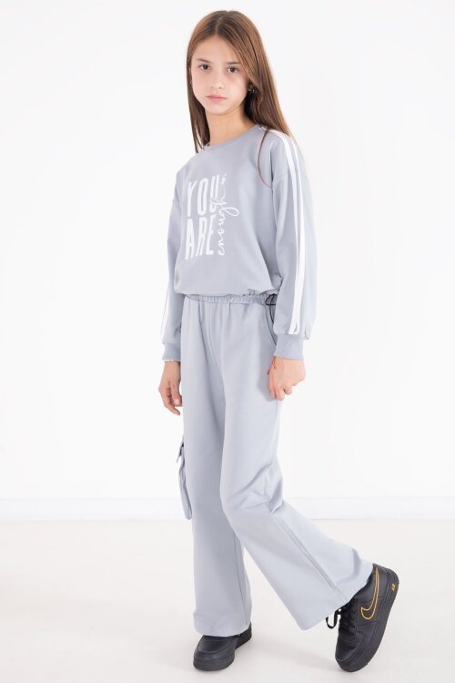 Gri Yazı Baskılı Kargo Cep Detaylı Kız Çocuk Takım 22777
