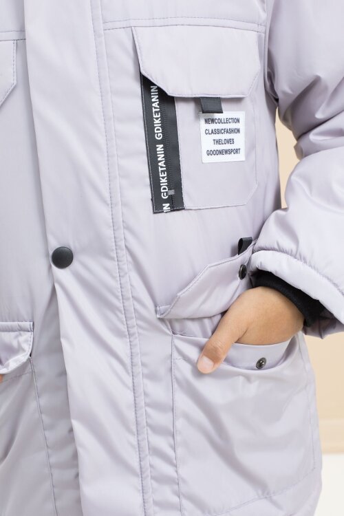 Gri Yazı Detaylı Göğüs Cepli İçi Kürklü Erkek Çocuk Kapüşonlu Mont 21479