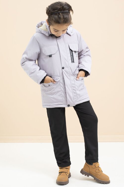 Gri Yazı Detaylı Göğüs Cepli İçi Kürklü Erkek Çocuk Kapüşonlu Mont 21479