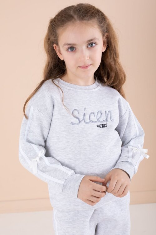 Gri Yazı Nakışlı Şerit Detaylı Şardonlu Kız Çocuk Eşofman Takımı  23238