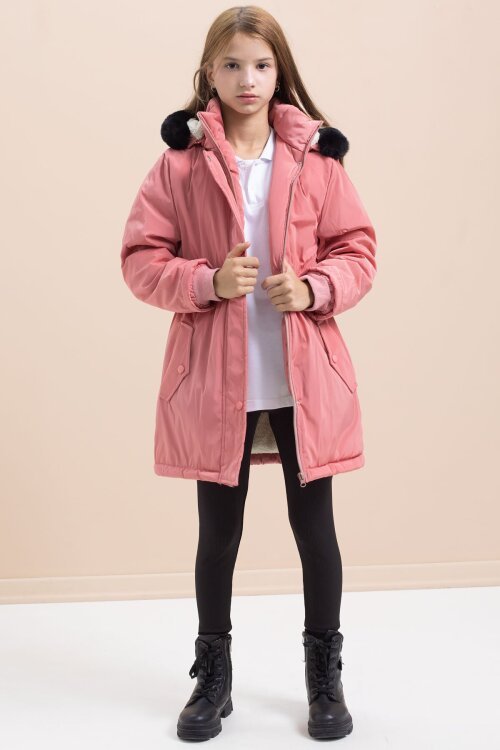 Gül Kurusu Çıtçıtlı Cepli Esnek Bel İçi Kürklü Kız Çocuk Kapüşonlu Mont 21309